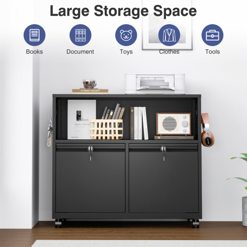 Metal File Cabinet,2 Drawer Filing Cabinet with Lock,Rolling Printer Stand Storage Cabinets with Shelves for Home Office Letter/Legal/A4 Size Files(Black)