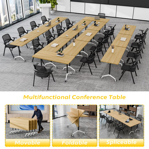 8 Pack Folding Conference Tables with Wheels,70.8in Flip Top Modular Conference Table,Mobile Joinable Conference Tables,Stackable Space-Saving Training Table for Office Classroom Seminar(Yellow)
