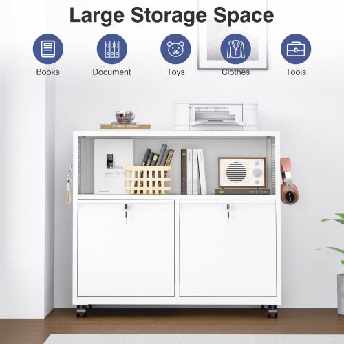 Metal File Cabinet,2 Drawer Lateral Filing Cabinet with Lock,Rolling Printer Stand Storage Cabinets with Shelves for Home Office Letter/Legal/A4 Size Files(White)