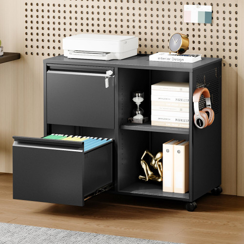 Mobile File Cabinet with Side Hook, 2 Drawer Lateral File Cabinet with Lock fits A4/Letters/Legal Size for Home Office,Metal Rolling Printer Stand with Open Storage Adjustable Shelves(Black)