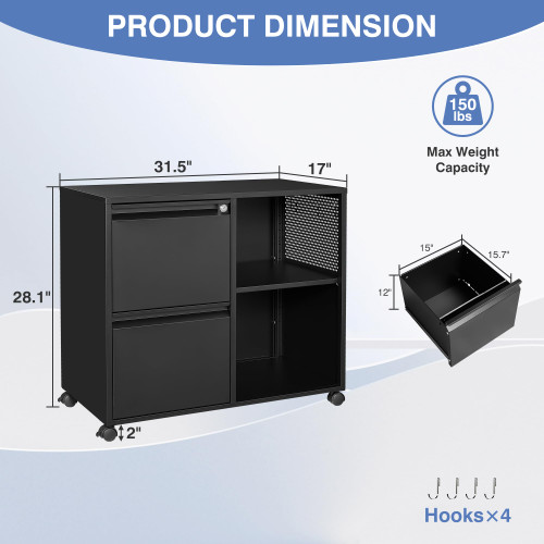 Mobile File Cabinet with Side Hook, 2 Drawer Lateral File Cabinet with Lock fits A4/Letters/Legal Size for Home Office,Metal Rolling Printer Stand with Open Storage Adjustable Shelves(Black)