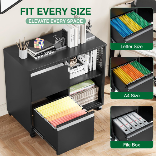 Mobile File Cabinet with Side Hook, 2 Drawer Lateral File Cabinet with Lock fits A4/Letters/Legal Size for Home Office,Metal Rolling Printer Stand with Open Storage Adjustable Shelves(Black)