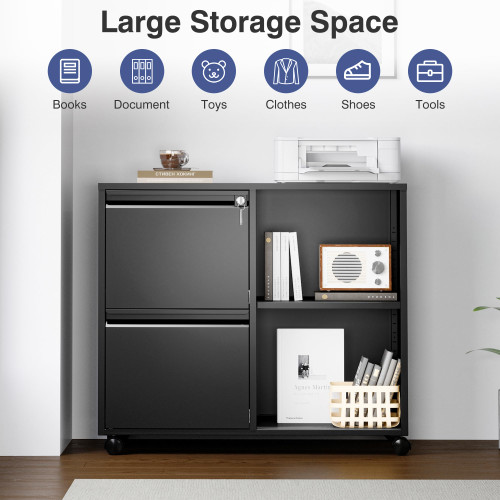 Mobile File Cabinet with Side Hook, 2 Drawer Lateral File Cabinet with Lock fits A4/Letters/Legal Size for Home Office,Metal Rolling Printer Stand with Open Storage Adjustable Shelves(Black)