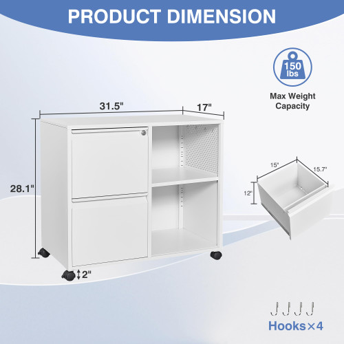 Metal 2 Drawer File Cabinet with Side Hook, Lockable Lateral Filing Cabinet for Letter/A4/Legal Size Files,Rolling Printer Stand with Adjustable Shelf & Lockable Wheelss for Home Office(White)