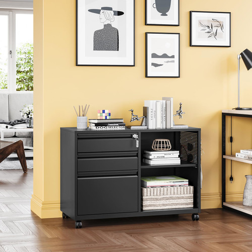3 Drawer File Cabinet with Lock,Mobile Lateral Filing Cabinet with Side Hook for Letters/Legal/A4, Metal Printer Stand Storage Cabinets with Shelves for Home Office(Black)