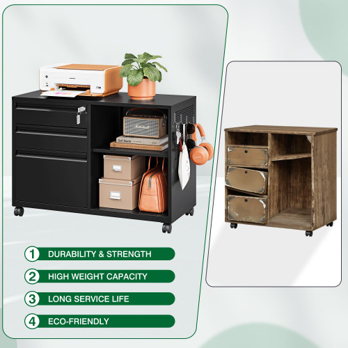 3 Drawer File Cabinet with Lock,Mobile Lateral Filing Cabinet with Side Hook for Letters/Legal/A4, Metal Printer Stand Storage Cabinets with Shelves for Home Office(Black)