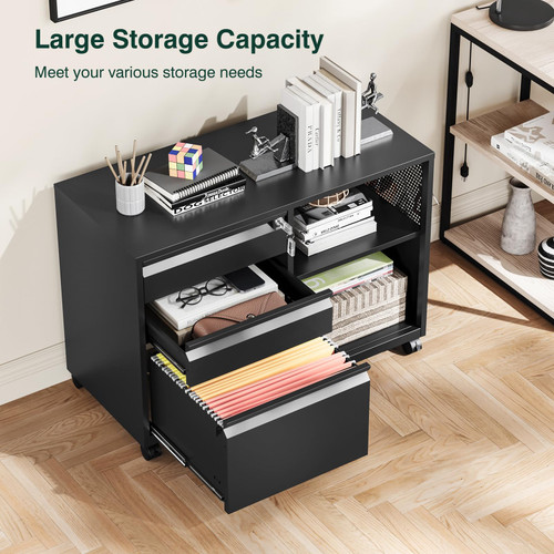 3 Drawer File Cabinet with Lock,Mobile Lateral Filing Cabinet with Side Hook for Letters/Legal/A4, Metal Printer Stand Storage Cabinets with Shelves for Home Office(Black)