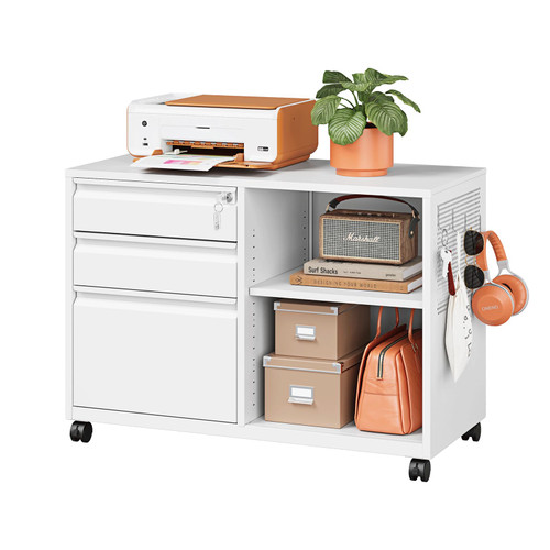 3 Drawer Metal File Cabinet with Lock, Mobile Lateral Filing Cabinet with Side Hook for Letters/Legal/A4, Printer Stand Storage Cabinets with Shelves for Home Office(White)