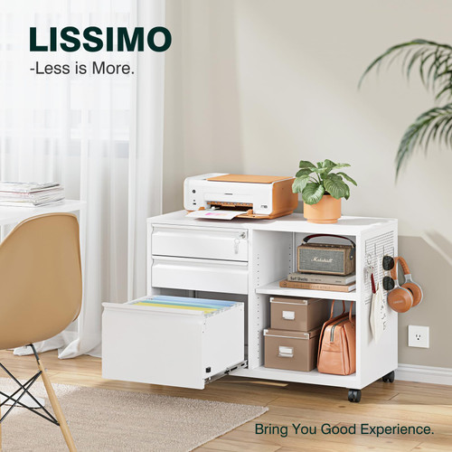 3 Drawer Metal File Cabinet with Lock, Mobile Lateral Filing Cabinet with Side Hook for Letters/Legal/A4, Printer Stand Storage Cabinets with Shelves for Home Office(White)