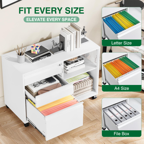 3 Drawer Metal File Cabinet with Lock, Mobile Lateral Filing Cabinet with Side Hook for Letters/Legal/A4, Printer Stand Storage Cabinets with Shelves for Home Office(White)