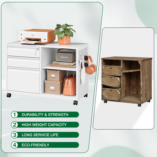 3 Drawer Metal File Cabinet with Lock, Mobile Lateral Filing Cabinet with Side Hook for Letters/Legal/A4, Printer Stand Storage Cabinets with Shelves for Home Office(White)