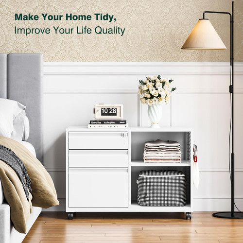 3 Drawer Metal File Cabinet with Lock, Mobile Lateral Filing Cabinet with Side Hook for Letters/Legal/A4, Printer Stand Storage Cabinets with Shelves for Home Office(White)