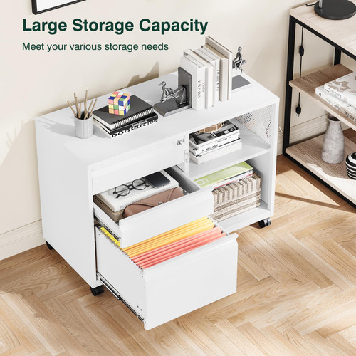 3 Drawer Metal File Cabinet with Lock, Mobile Lateral Filing Cabinet with Side Hook for Letters/Legal/A4, Printer Stand Storage Cabinets with Shelves for Home Office(White)