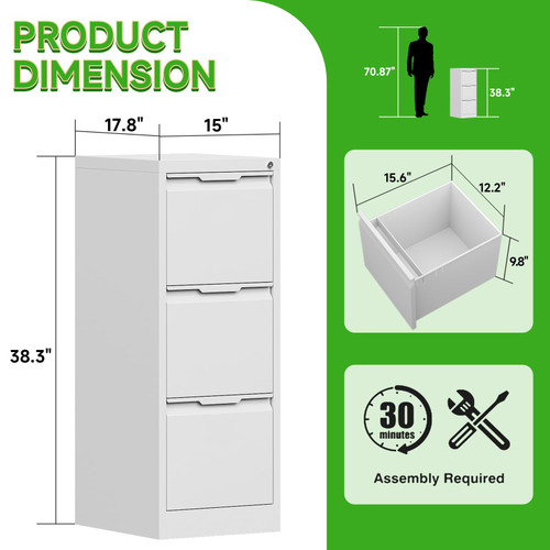 3 Drawer File Cabinet with Lock,Metal Vertical Filing Cabinets for Home Office,Heavy Duty File Storage Cabinet for Letter/Legal/A4/F4 Size File,Easy to Assemble,White