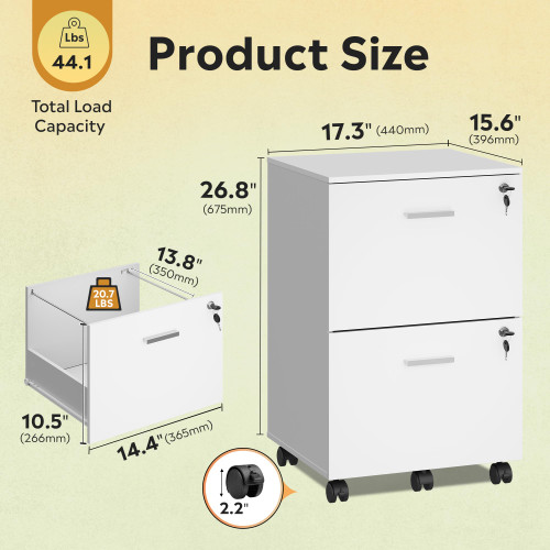  2 Drawer File Cabinet with Lock, Mobile Printer Stand, White
