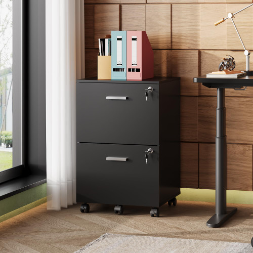 2 Drawer Wood File Cabinet with Lock, Mobile Printer Stand, Black