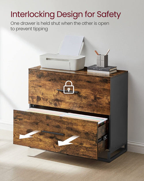 Lateral File Cabinet, Home Office Printer Stand, 2-Drawer Filing Cabinet, with Anti-tip Interlocking Mechanism, for A4, Letter-Size, Legal-Size Hanging Files, Rustic Brown and Ink Black