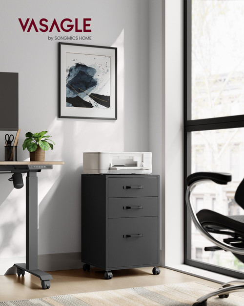 Mobile File Cabinet, 3 Drawers Filing Cabinet with Wheels, for Home Office, for A4, Letter Sized Documents, Adjustable Hanging Rail for File Folders, Ink Black