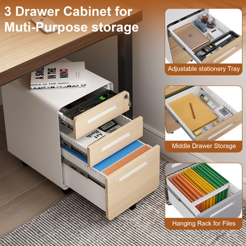 3 Drawer File Cabinet for Home Office, Under Desk Mobile Filing Cabinet with Lock for A4/Letter/Legal Size, 5 Wheel Anti-tilt Rolling File Cabinets, Fully Assembled