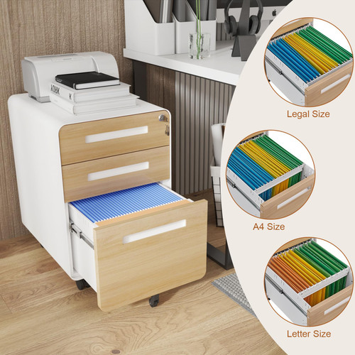 3 Drawer File Cabinet for Home Office, Under Desk Mobile Filing Cabinet with Lock for A4/Letter/Legal Size, 5 Wheel Anti-tilt Rolling File Cabinets, Fully Assembled