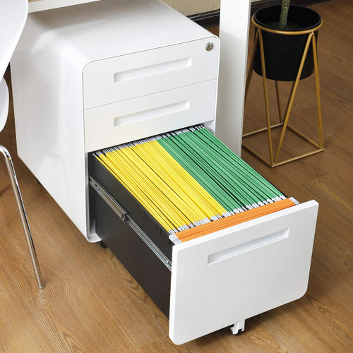 3 Drawer File Cabinet for Home Office, Under Desk Mobile Filing Cabinet with Lock for A4/Letter/Legal Size, 5 Wheel Anti-tilt Rolling File Cabinets, Fully Assembled