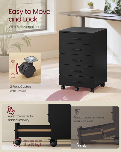 File Cabinet, Mobile Pedestal Filing Cabinet with Wheels, Printer Stand with 5 Drawers, Tool-Free Sliding Rails, for Study, Home Office, Ink Black
