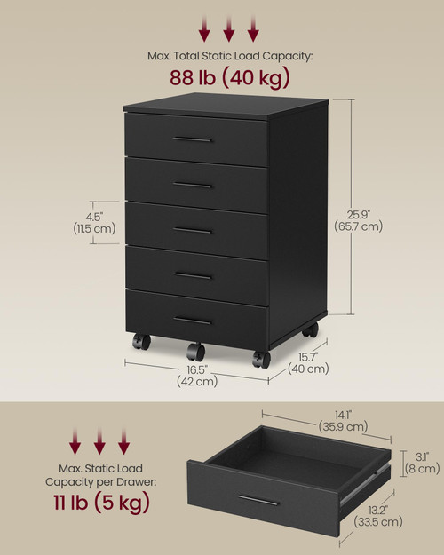 File Cabinet, Mobile Pedestal Filing Cabinet with Wheels, Printer Stand with 5 Drawers, Tool-Free Sliding Rails, for Study, Home Office, Ink Black