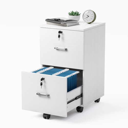 2 Drawer File Cabinet with Lock, Wood Grain White File Cabinets for Letter Size File Folders with Tabs, Mobile Under Desk Filing Cabinets for Home Office, Rolling Filing Cabinet Printer Stand