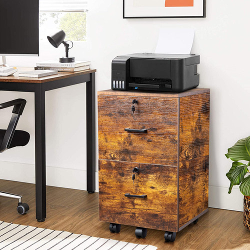 2-Drawer Small Rolling File Cabinet with Lock, Wood Filing Cabinet for Hanging Letter Size Filings with Tabs, Mobile Under Desk File Cabinets for Home Office, Rustic Brown, 27.2" H