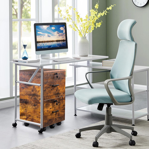 2-Drawer Small Rolling File Cabinet with Lock, Wood Filing Cabinet for Hanging Letter Size Filings with Tabs, Mobile Under Desk File Cabinets for Home Office, Rustic Brown, 27.2" H