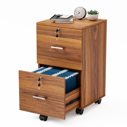 2-Drawer Rolling File Cabinet with Lock, Wood Mobile File Organization for Hanging Letter Size Filings Under Desk Filing Cabinets for Home Office, Assembly Required, Classic Walnut, 26.5" H