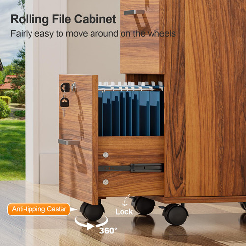 2-Drawer Rolling File Cabinet with Lock, Wood Mobile File Organization for Hanging Letter Size Filings Under Desk Filing Cabinets for Home Office, Assembly Required, Classic Walnut, 26.5" H