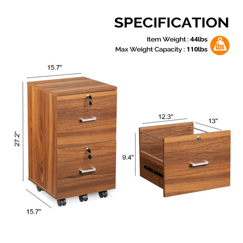 2-Drawer Rolling File Cabinet with Lock, Wood Mobile File Organization for Hanging Letter Size Filings Under Desk Filing Cabinets for Home Office, Assembly Required, Classic Walnut, 26.5" H