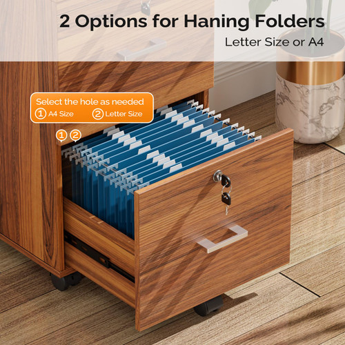2-Drawer Rolling File Cabinet with Lock, Wood Mobile File Organization for Hanging Letter Size Filings Under Desk Filing Cabinets for Home Office, Assembly Required, Classic Walnut, 26.5" H