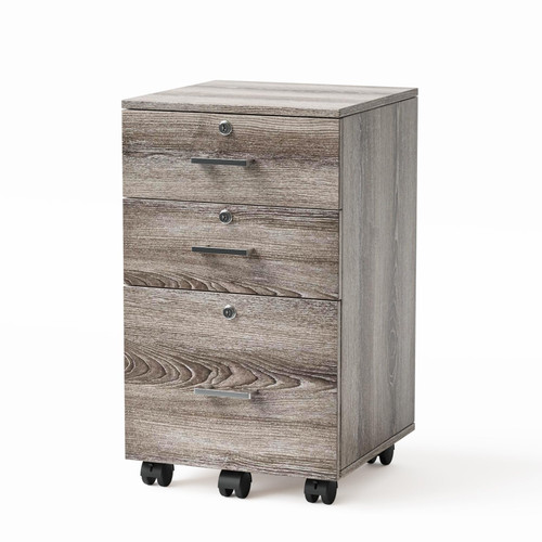 3-Drawer File Cabinet with Lock, Wood Rolling Filing Cabinets for Home Office, Mobile Printer Stand, Under Desk File Organizer for Letter Sized Files, 26" H(Caster Included),Gray Oak