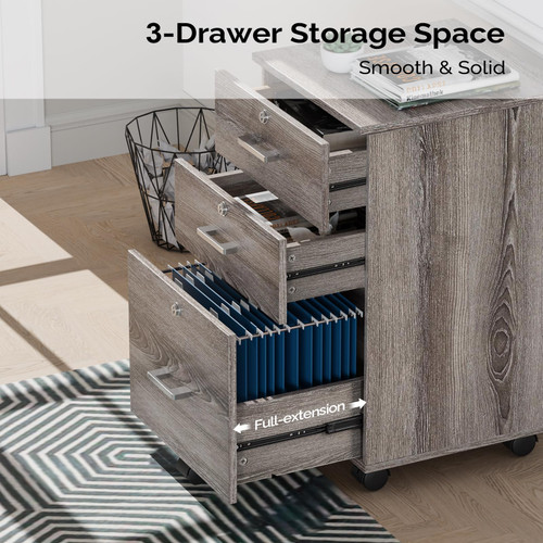 3-Drawer File Cabinet with Lock, Wood Rolling Filing Cabinets for Home Office, Mobile Printer Stand, Under Desk File Organizer for Letter Sized Files, 26" H(Caster Included),Gray Oak