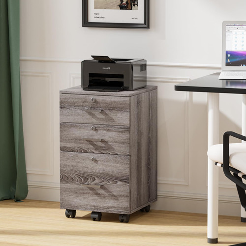 3-Drawer File Cabinet with Lock, Wood Rolling Filing Cabinets for Home Office, Mobile Printer Stand, Under Desk File Organizer for Letter Sized Files, 26" H(Caster Included),Gray Oak