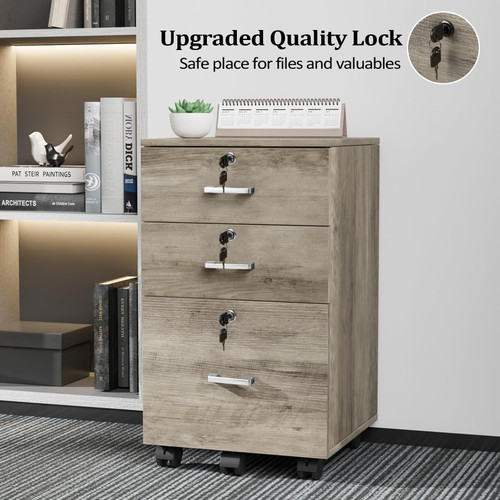 3-Drawer File Cabinet with Lock, Wood Rolling Under Desk File Cabinets for Home Office, Mobile Printer Stand & Filing Organizer for Letter Sized Files, 26" H(Caster Included), Rustic Gray