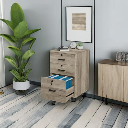 3-Drawer File Cabinet with Lock, Wood Rolling Under Desk File Cabinets for Home Office, Mobile Printer Stand & Filing Organizer for Letter Sized Files, 26" H(Caster Included), Rustic Gray