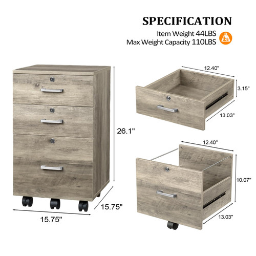 3-Drawer File Cabinet with Lock, Wood Rolling Under Desk File Cabinets for Home Office, Mobile Printer Stand & Filing Organizer for Letter Sized Files, 26" H(Caster Included), Rustic Gray