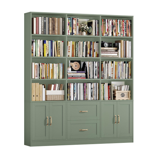 71" Tall Triple Wide Bookshelf with Storage Drawers & Doors, Green