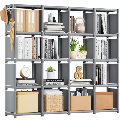 Book Shelf, 16 Cube Storage Organizer, DIY Bookcase, Metal Cube Bookshelf,Tall Book case for Bedroom, Living Room,Office,Closet Storage Organizer, Grey Cubicle Storage Rack