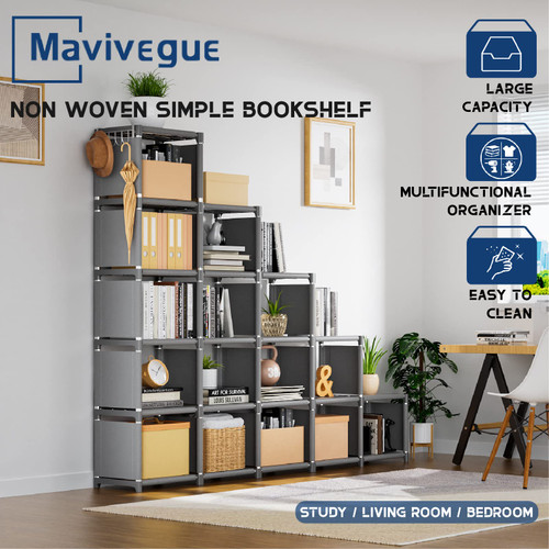 Book Shelf, 16 Cube Storage Organizer, DIY Bookcase, Metal Cube Bookshelf,Tall Book case for Bedroom, Living Room,Office,Closet Storage Organizer, Grey Cubicle Storage Rack