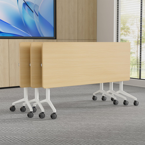 Conference Room Table 8 Pack, Modern Folding Training Tables with Flip Top, Mobile Table with Four Locking Wheels, Executive Desk for Meeting Room, Office, Classroom （Wood Tone）