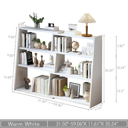 Wooden Extendable Shelf Bookcase, 3-Tier Low Bookshelf, White, L