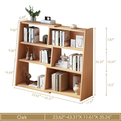 Wooden Extendable Shelf Bookcase, 3-Tier Low Bookshelf, Oak, S