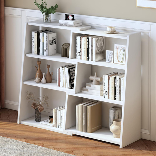 Wooden Extendable Shelf Bookcase, 3-Tier Low Bookshelf, White, S
