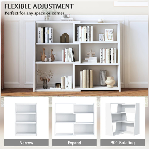 Wooden Extendable Shelf Bookcase, 3-Tier Low Bookshelf, White, S