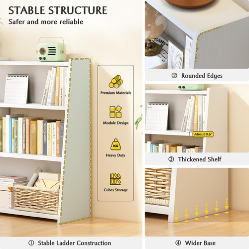 Wooden Extendable Shelf Bookcase, 3-Tier Low Bookshelf, White, S