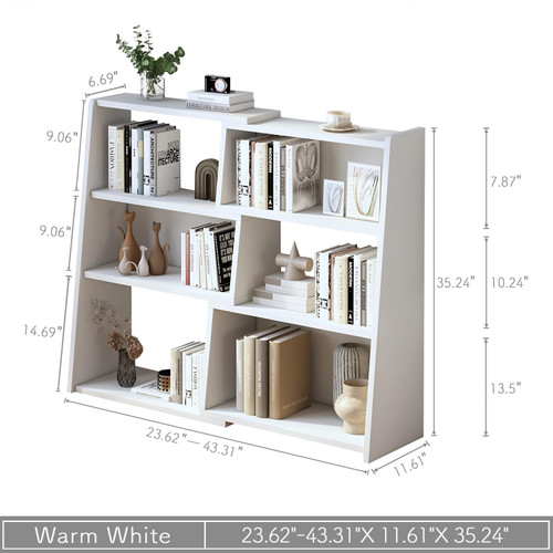 Wooden Extendable Shelf Bookcase, 3-Tier Low Bookshelf, White, S